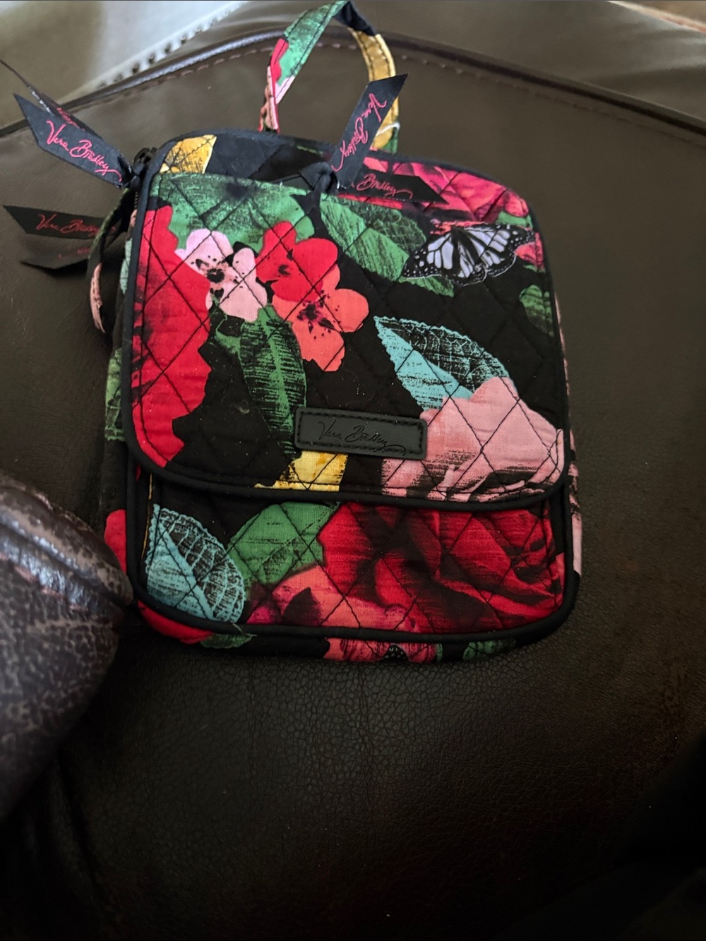 Vera Bradley Black Floral Quilted Crossbody with Red & Pink Accents